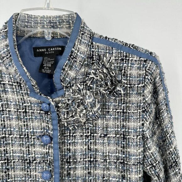 ANNE CARSON jacket blazer silk nubby boucle broach pockets office blue petite PL - Picture 3 of 6
